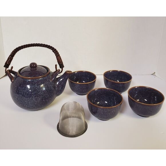 Teavana Stoneware Blue Glaze Tea Pot with Wicker Handle and 4 Cups - Picture 1 of 6